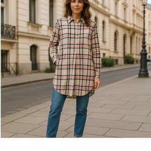 Tyler Boe Womens Shirt Dress Beige Plaid Sz M Collared Half Button Front Relaxed